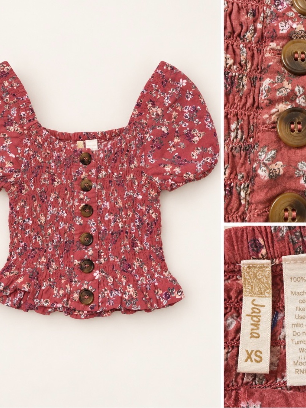 Japna Rose Floral Smocked Puff Sleeve Top